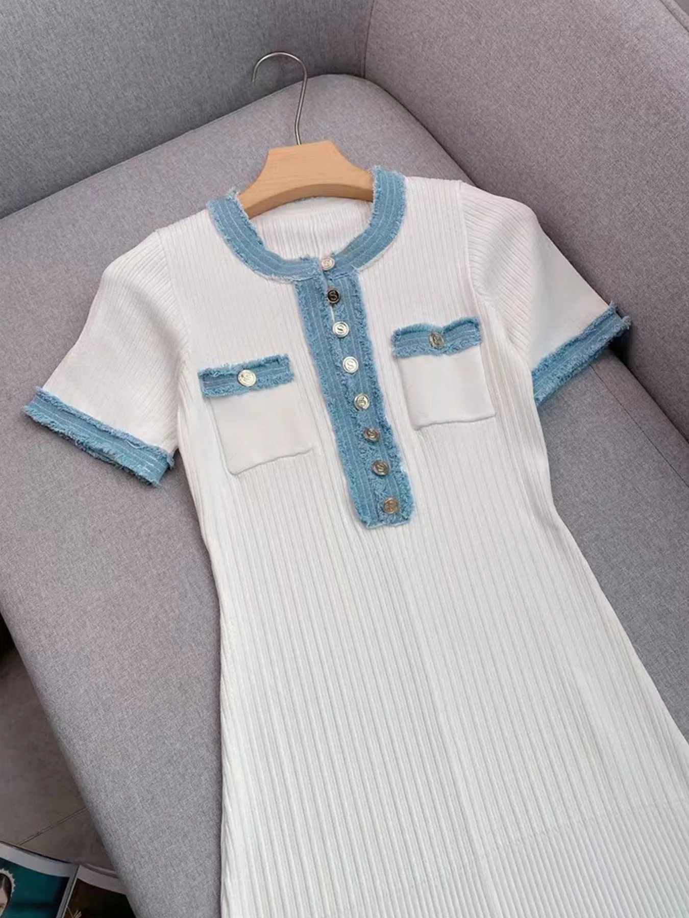Robe longue élégante en maille contrastante pour femme, chic, col rond, manches courtes, boutons mét