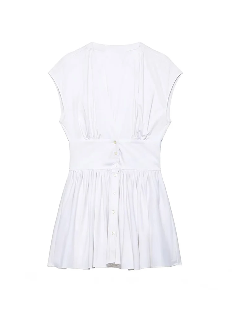 TFMLN Robe Courte Chemise Tendance pour Femme, Coupe Slim Décontractée, Manches Courtes, Col en V, B