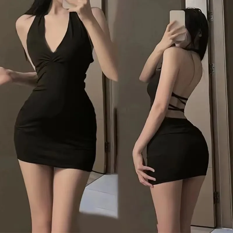 Femmes Sexy licou dos nu mince col en v Wrap noir soirée Mini robe