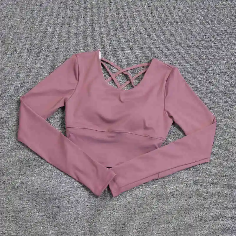 Dos creux pour femme avec soutien-gorge intégré, haut de yoga à manches longues, soutien-gorge une p