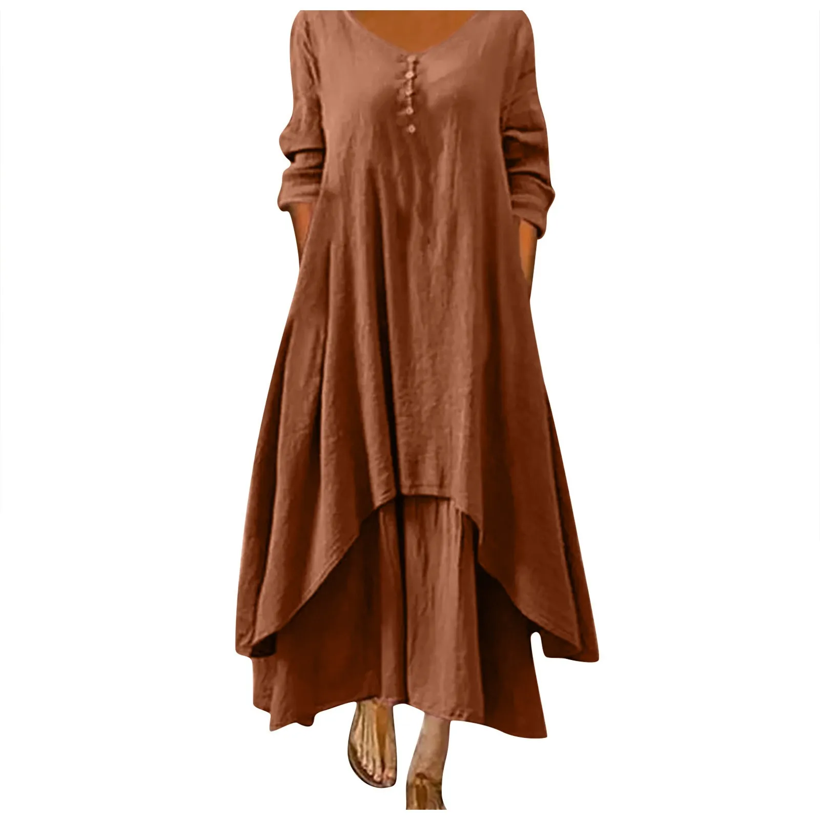 Robe longue en coton pour femmes, décontractée, à la mode, avec boutons, couleur unie, pour document