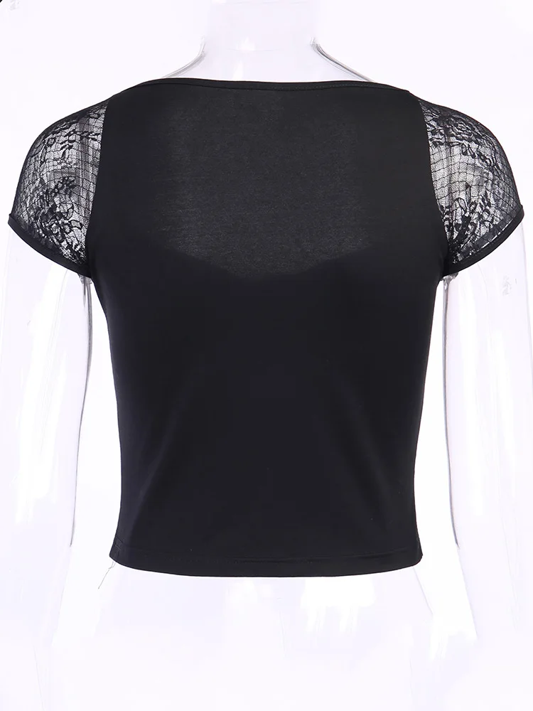Vintage hauts Goth T-shirt femmes moulante pansement dentelle noir T-shirts gothique Streetwear Sexy
