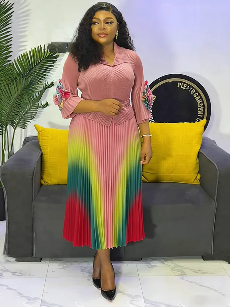 EGRM – robe Miyaki à revers, manches lanternes, ceinture, taille amincissante, dégradé plissé, jupe 