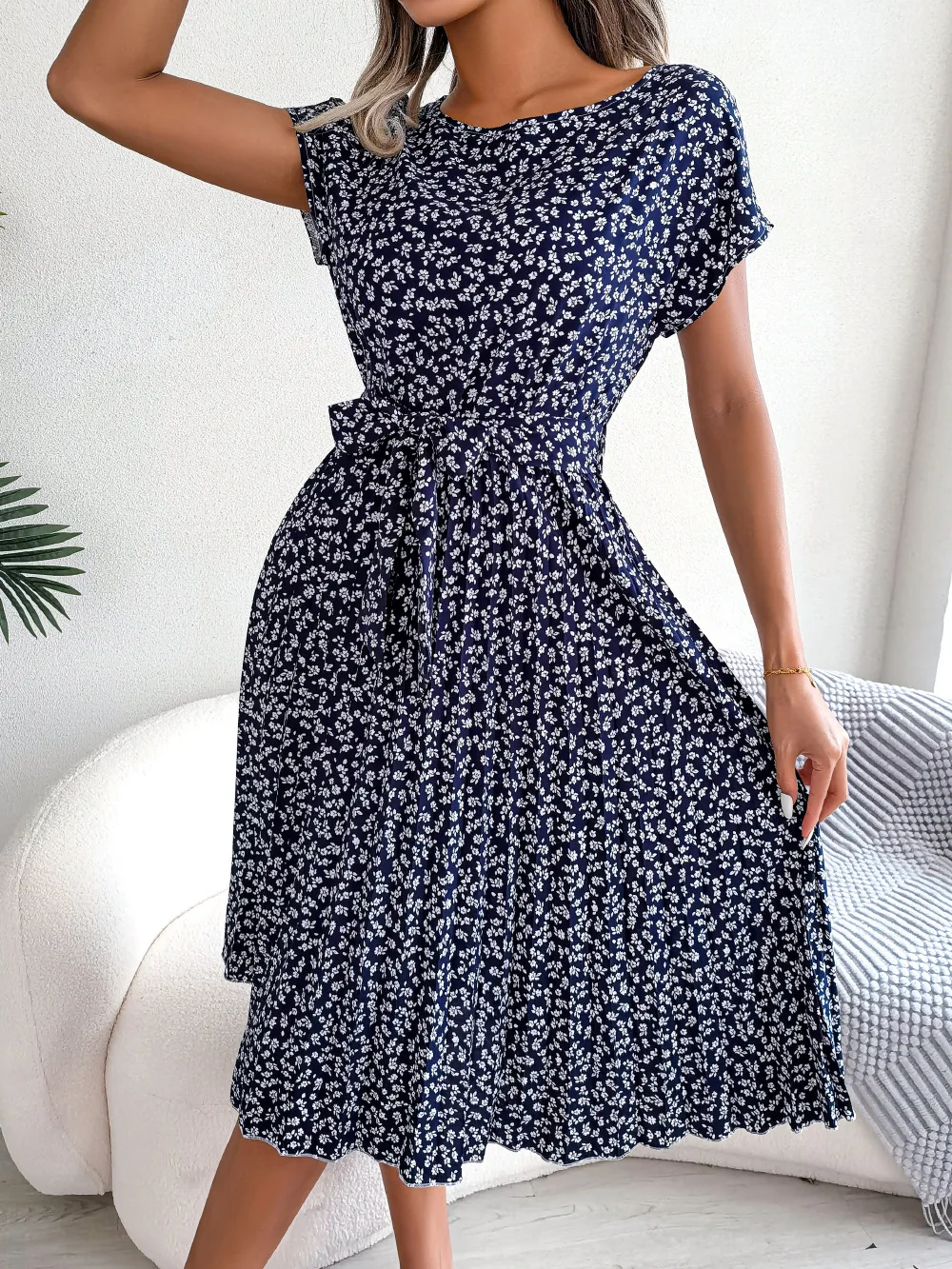 Robe longue plissée à fleurs pour femmes, manches courtes, taille haute, mode chic, printemps, été