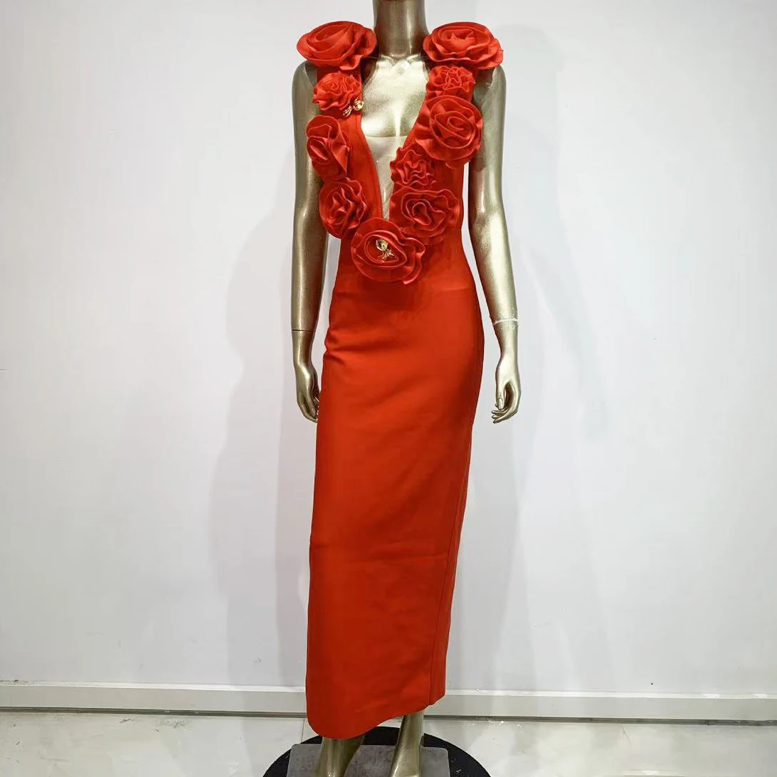 Robe moulante sexy en dentelle rouge 3D à manches longues pour femmes, robe de soirée élégante pour 