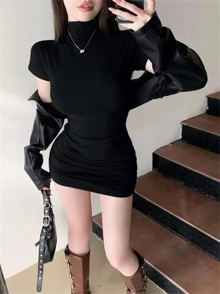Mini robe Sexy moulante à col mi-haut et taille plissée pour filles épicées, Slim, moulante, vêtemen