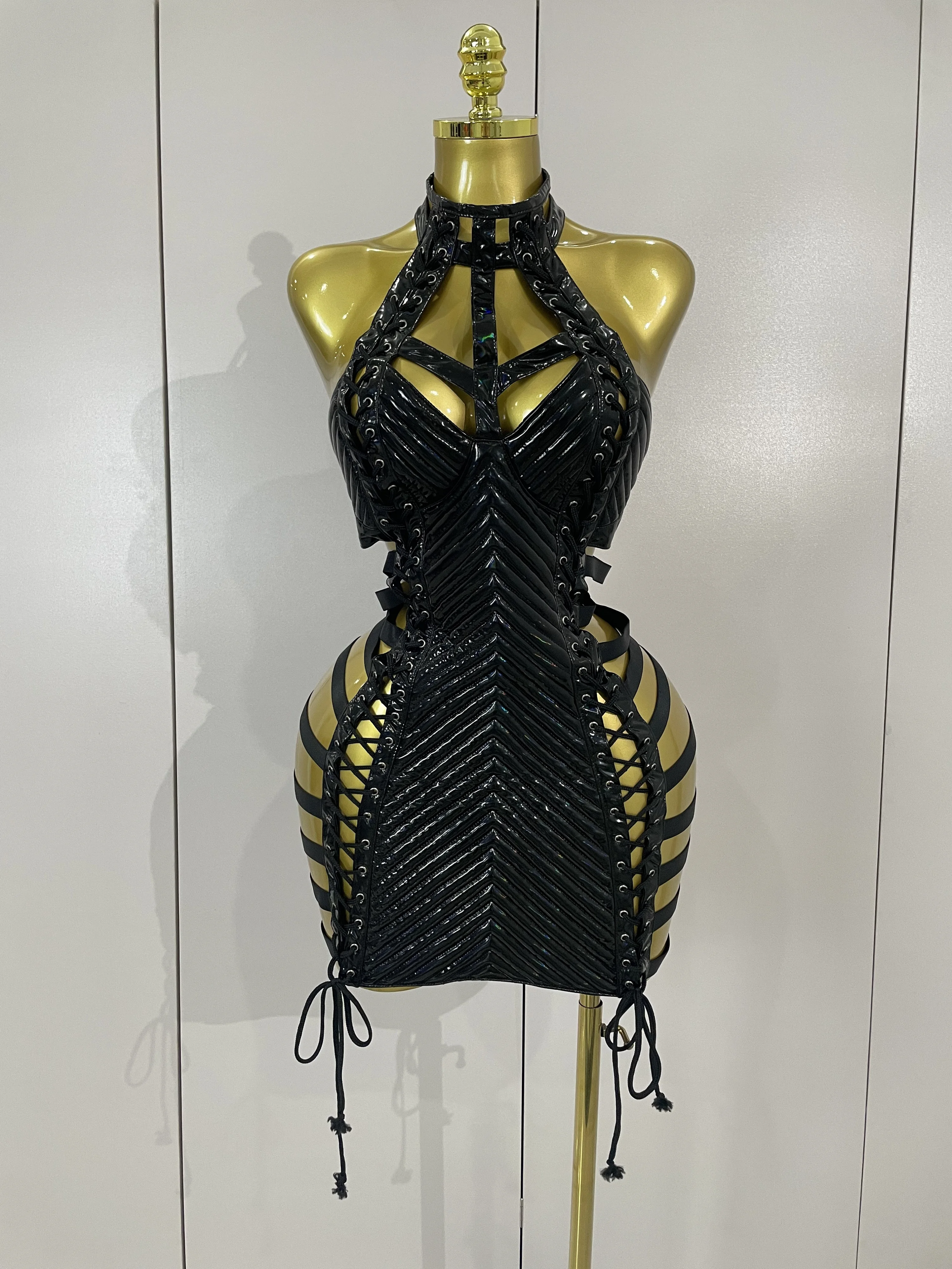 Robe courte en cuir noir pour femmes, Sexy, ajourée, gothique, col licou, chanteur de danse Gogo, di