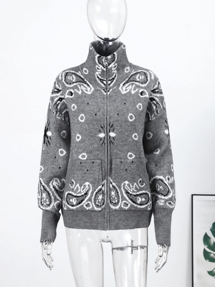 Cardigan Jacquard décontracté pour femmes, ample, col montant, poches zippées, pull assorti avec tou