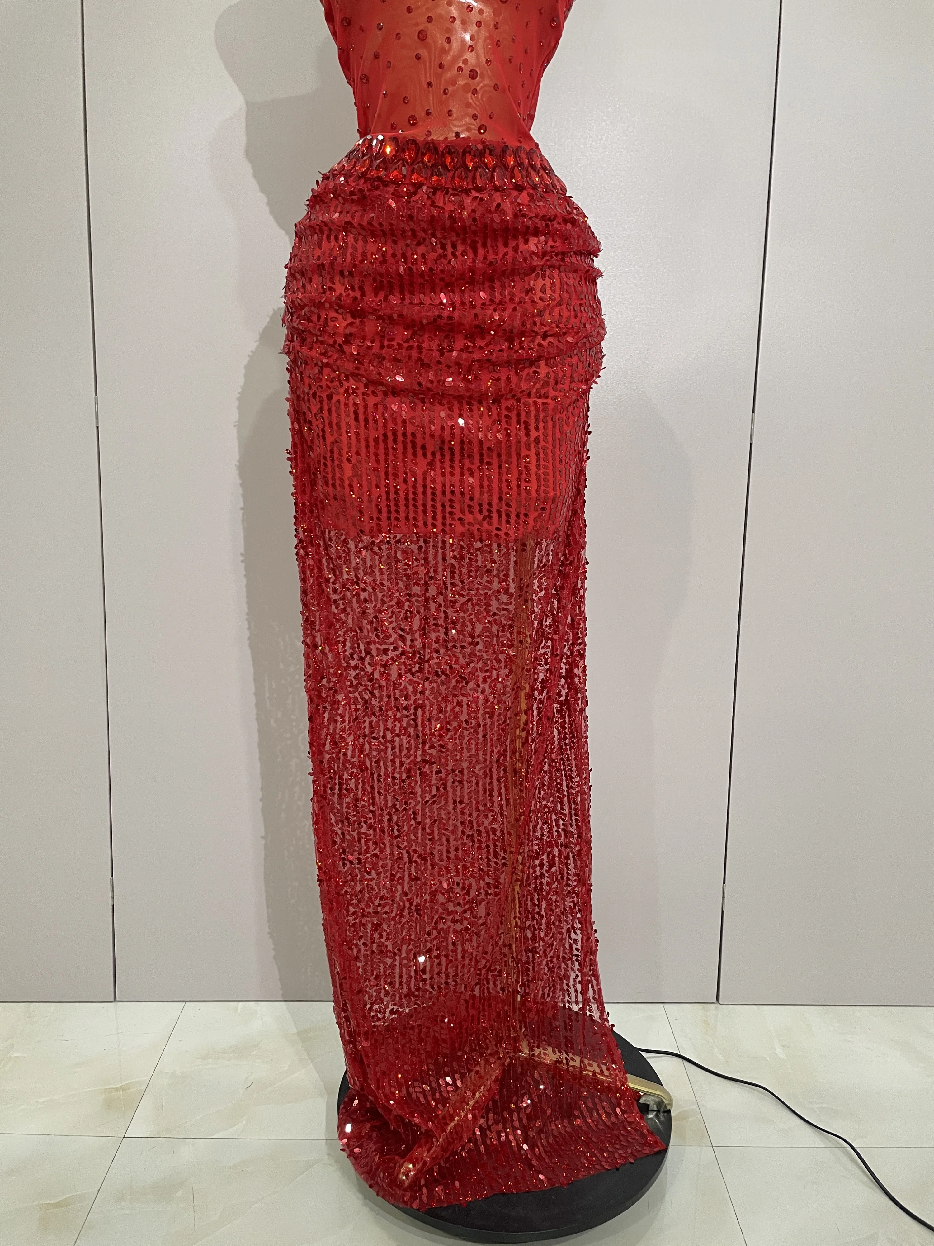 Robe longue 2 pièces transparente et sexy avec strass rouges scintillants et paillettes, pour femmes