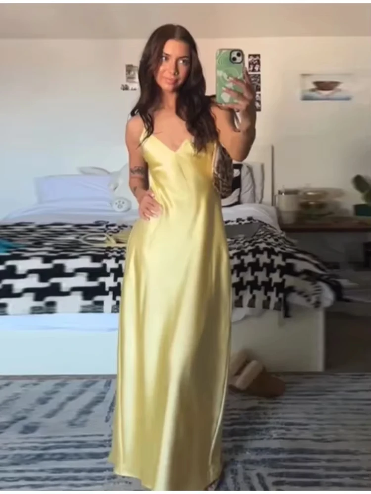 HH femmes été jaune tache col en V fronde robe élégante sans manches ample Maxi Robes 2025 nouvelles