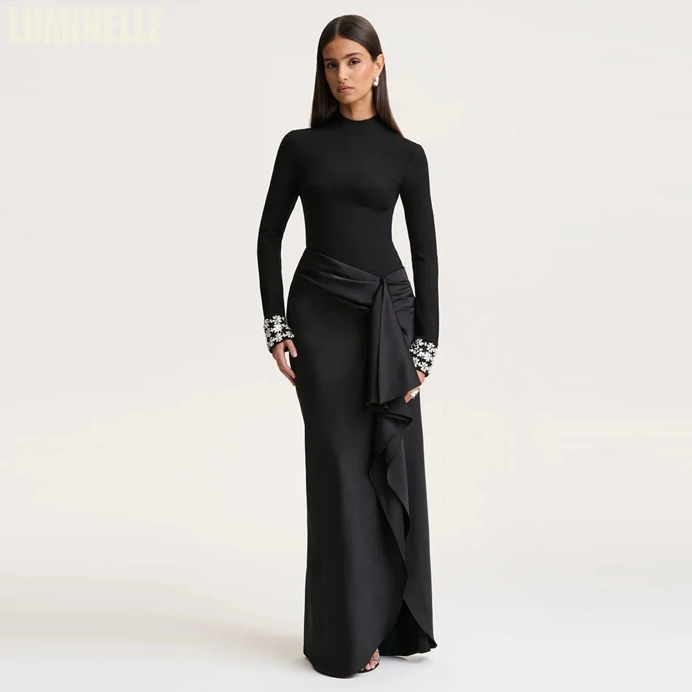 Robes de bal noires à col montant pour femmes, style fourreau, manches longues, formelles، فساتين سه