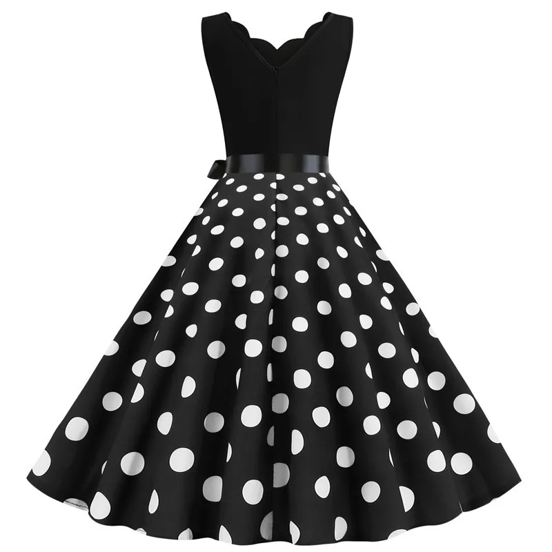 Femmes rétro robes d'été 50s 60s sans manches col en v à pois nœud boule cultivé fête Robe d'été Rob