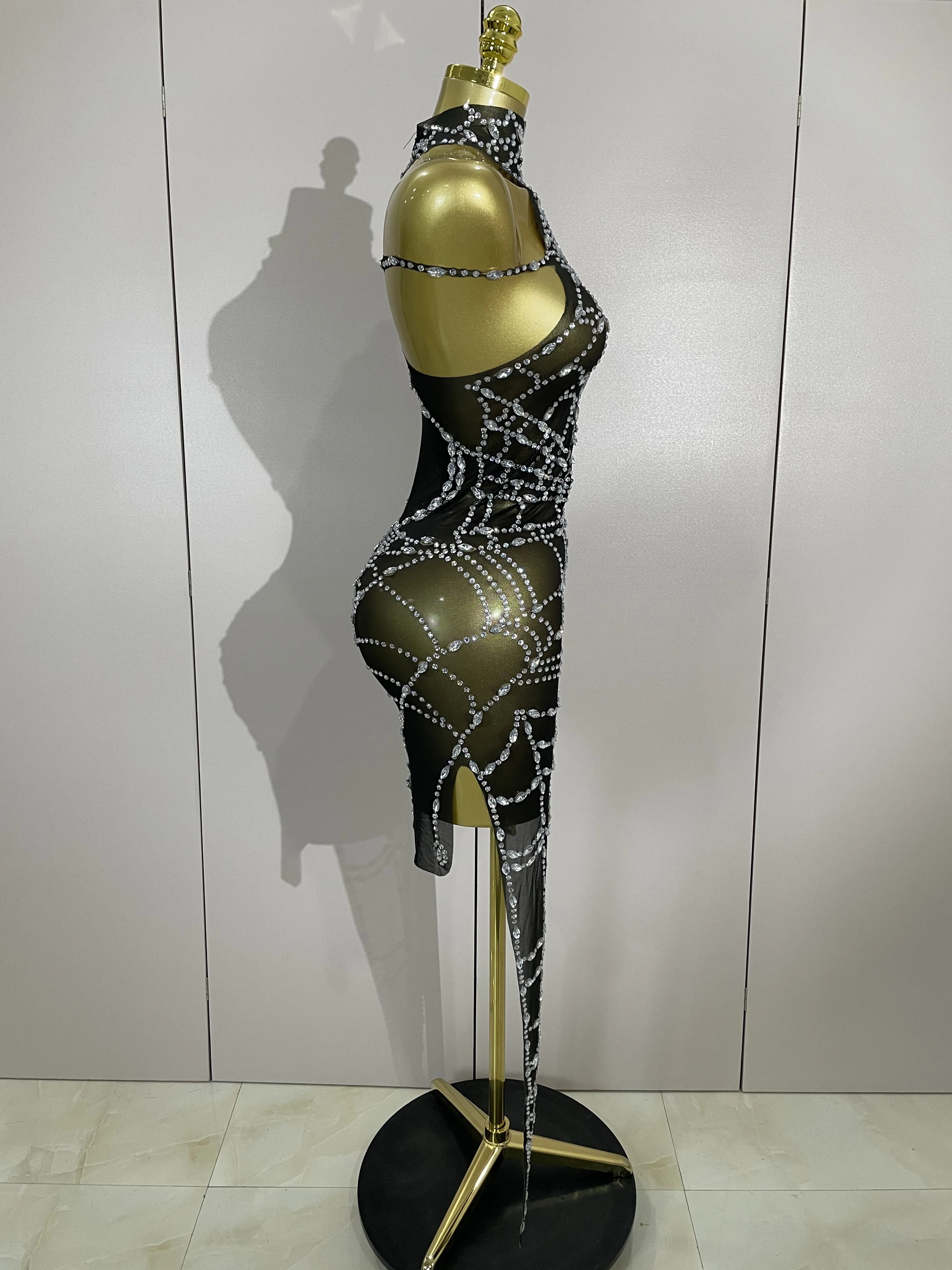 STOCK brillant diamant Sexy maille asymétrique moulante Mini robe femmes discothèque Bar fête specta