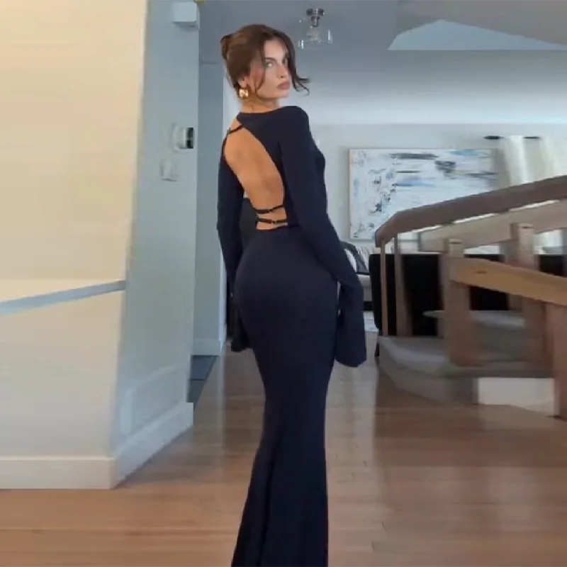 Robe longue en maille bleu nuit dos nu pour femme, élégante, à manches évasées, moulante, coupe sirè