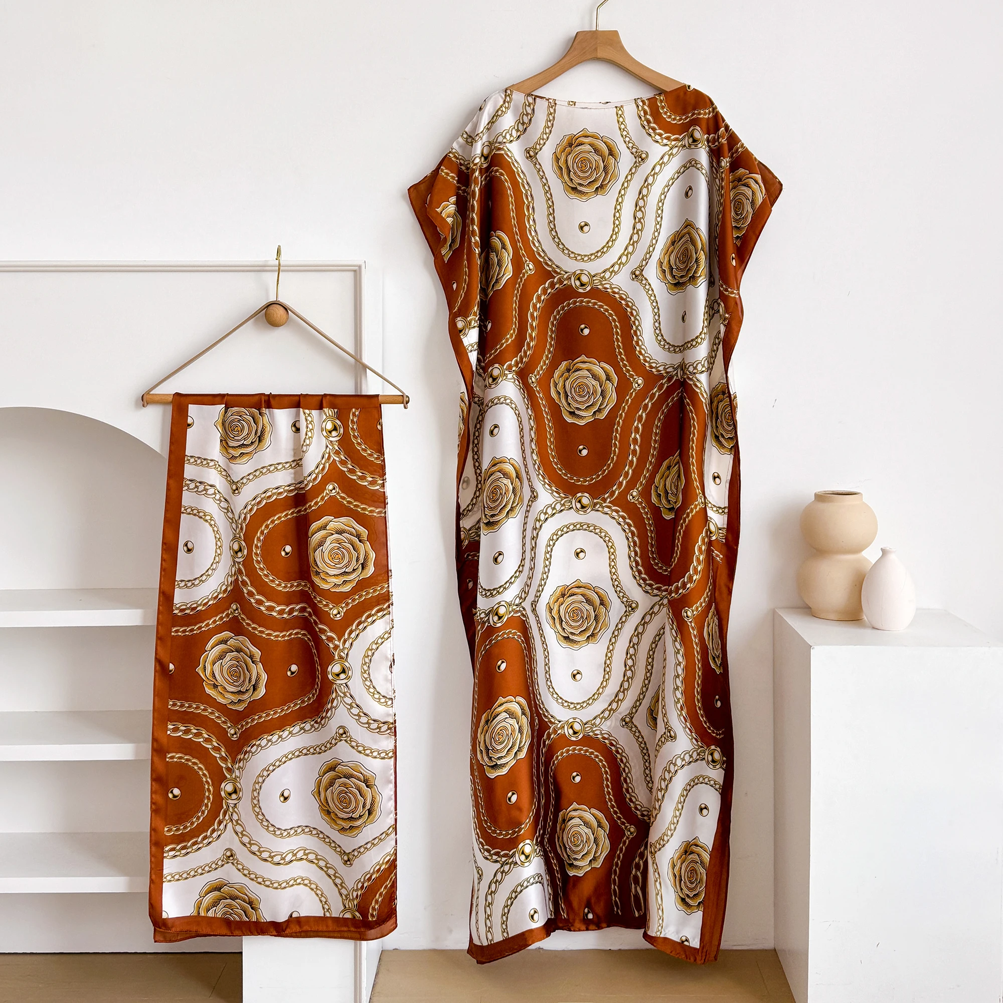 Robe d'été imprimée tendance avec grand foulard, Kaftan Dubaï Turquie, Abaya ample musulmane, Robe d