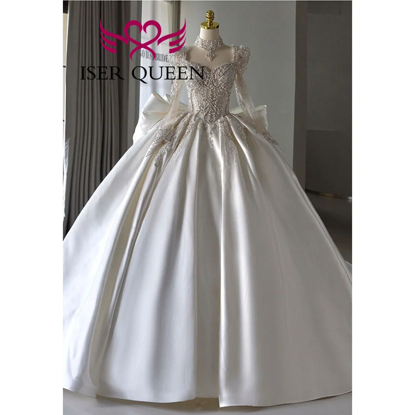 Robe de mariée de luxe en Satin, manches longues, personnalisée, avec grand nœud, dentelle perlée lo