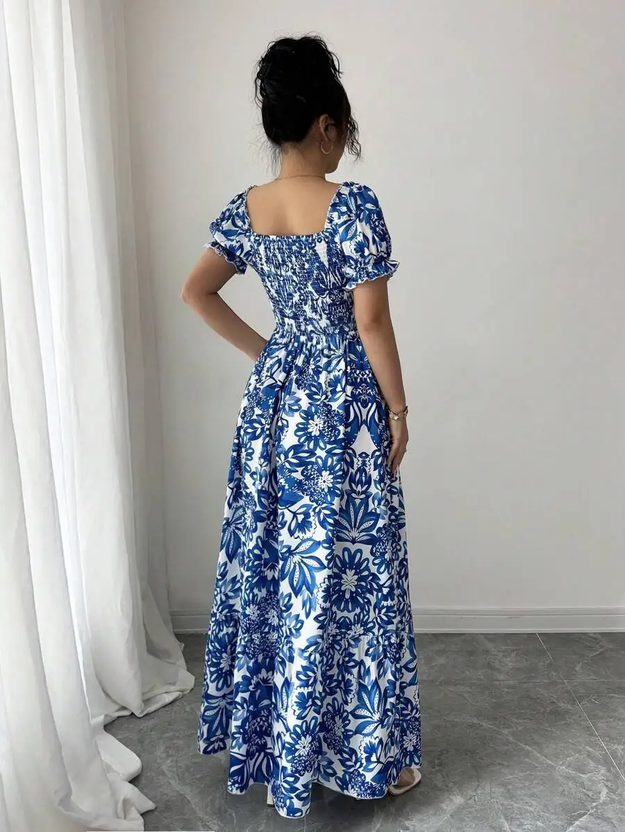 Robe élégante à manches bulles pour femmes, imprimé Floral, robe longue bleue, cravate sur le devant