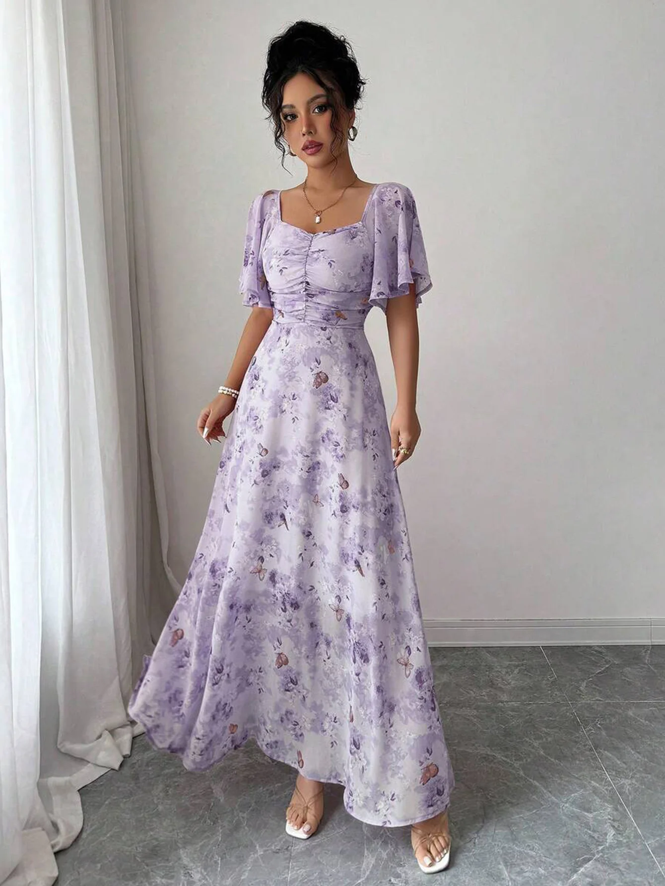 Mini robe de style français pour femmes, avec imprimé papillon violet, manches chauve-souris et ferm