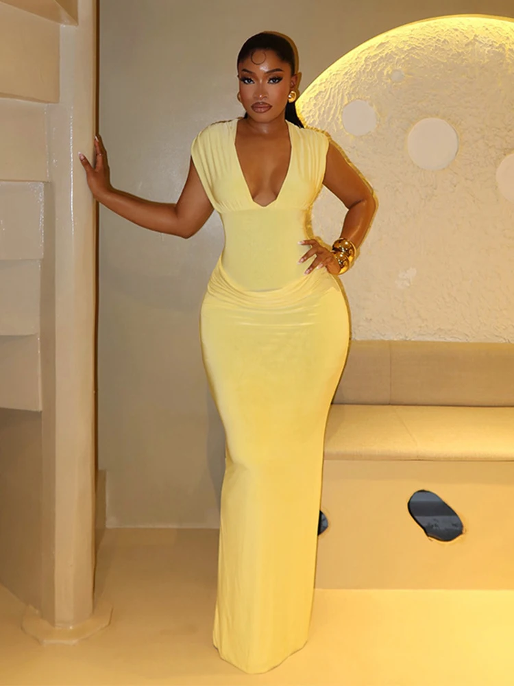 Sexy froncé moulante robe Maxi femmes solide sans manches col en v mince longues robes femme soirée 