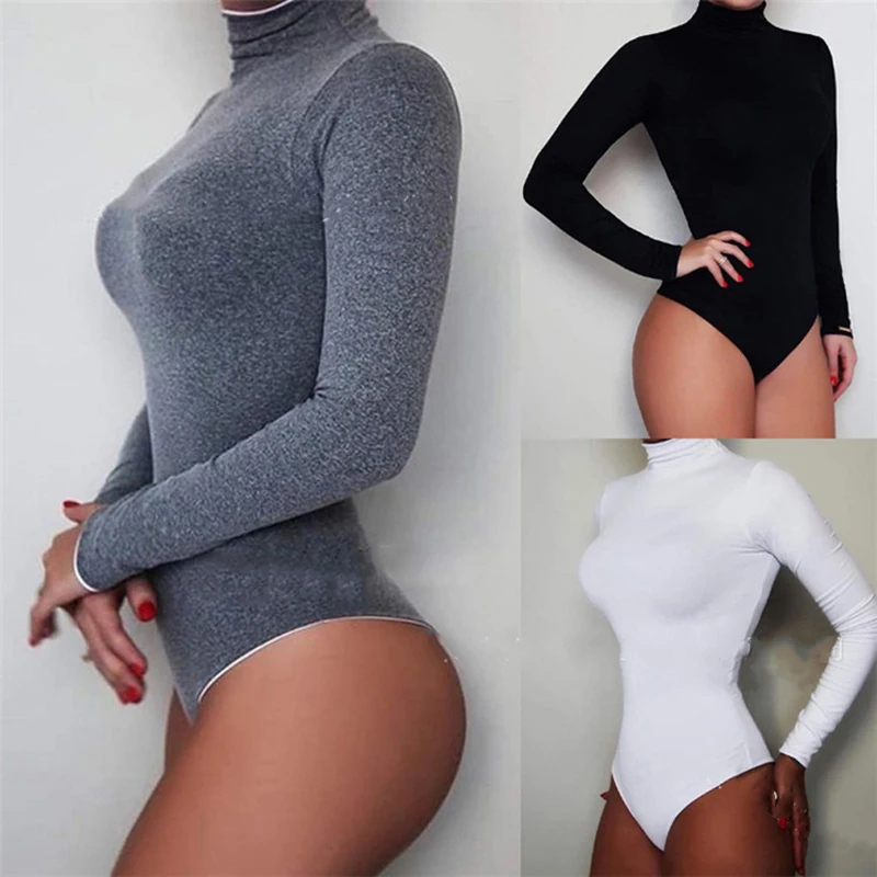 Body noir à manches longues pour femmes, automne hiver, col roulé, Sexy, moulant, taille haute, barb
