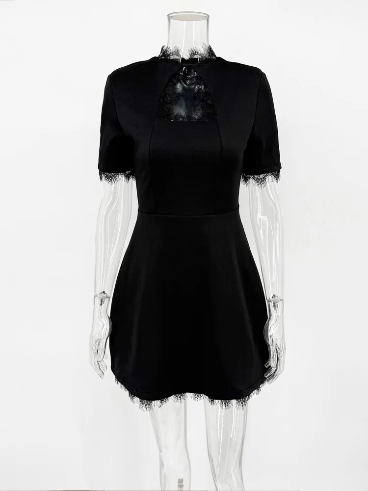 Tossy noir dentelle évider Mini robe femme Patchwork à manches courtes Sexy taille haute robe de soi