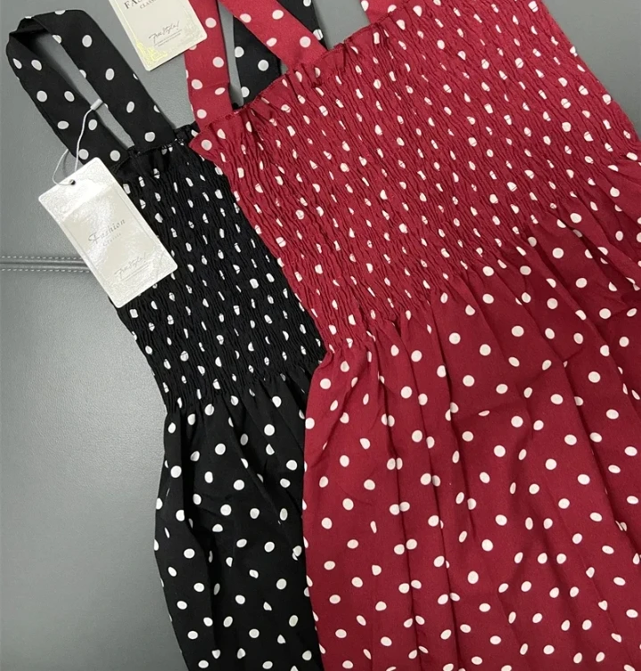 Robe longue d'été décontractée à pois vintage avec volants, élégante, en soie, à bretelles, taille 5