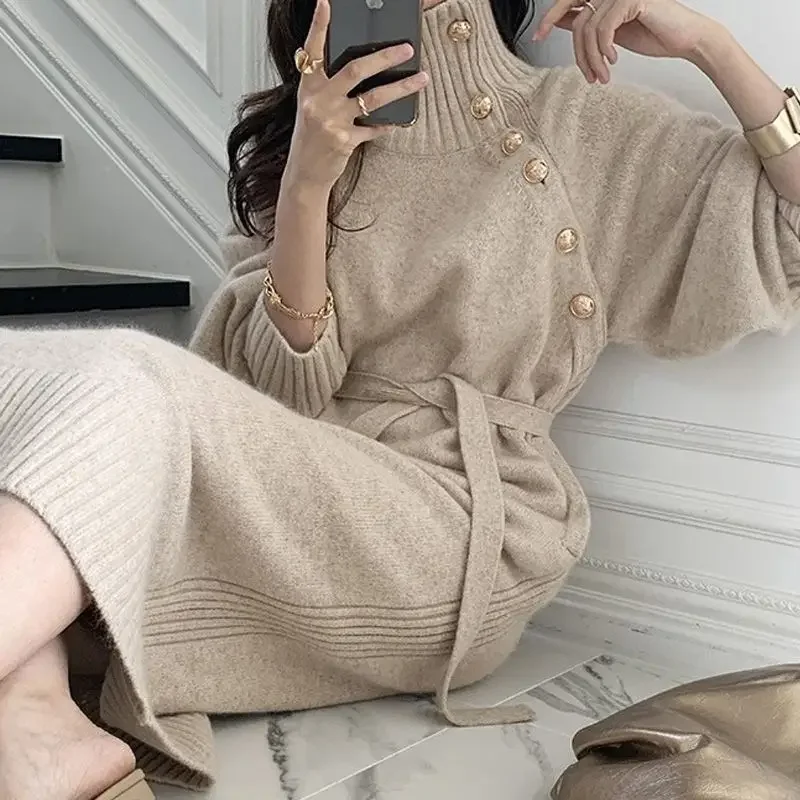 Abricot ample femme Robe vêtements Maxi Robe de soirée col roulé longues robes pour femmes tricoté m
