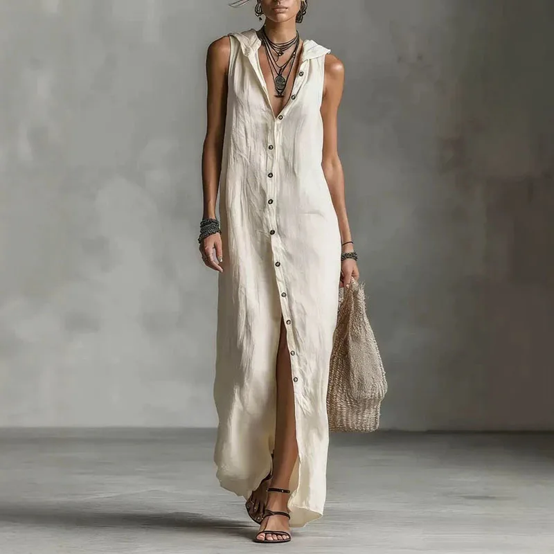 Robe longue bohème pour femme, en lin uni, ample, fendue, à simple boutonnage, à capuche, décontract