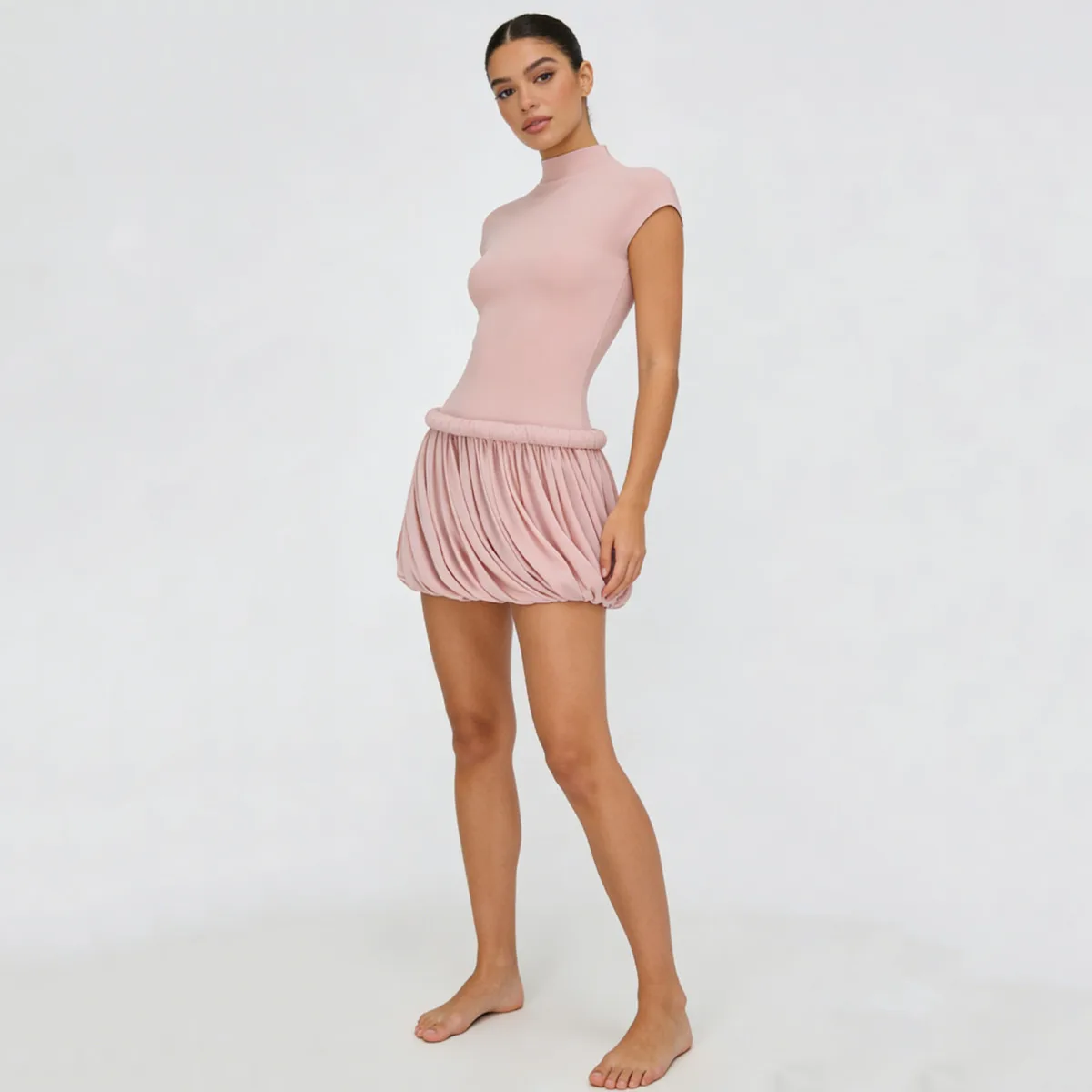 Nouvelle Robe Courte Femme CiCi 2026 Col Montant Manches Courtes Jupe Drapée Froncée Décontractée So