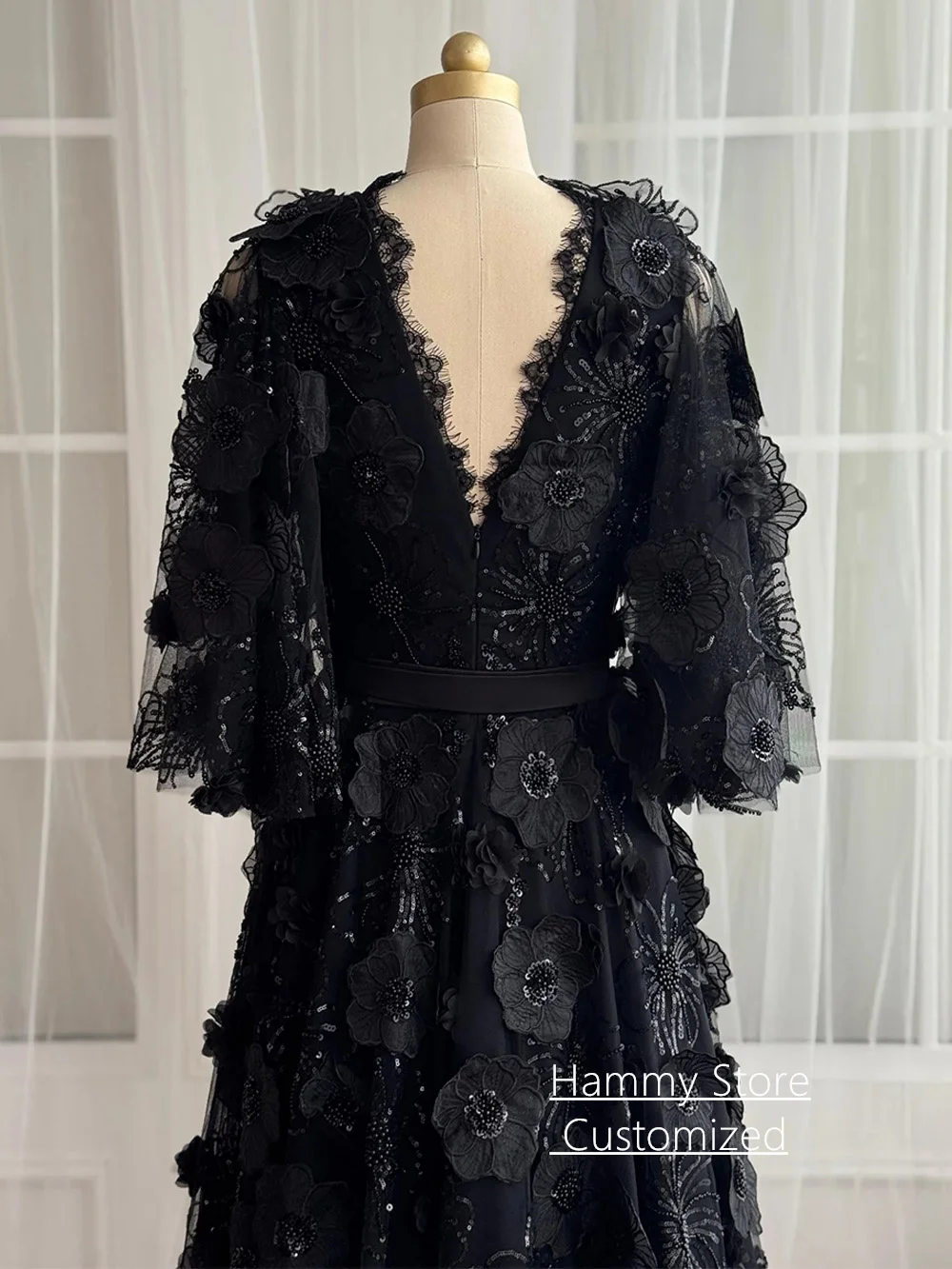 Robe de soirée noire personnalisée, manches chauve-souris, col en V, paillettes, dentelle florale, ligne A, robe de soirée de concours, robes de bal, traîne de balayage