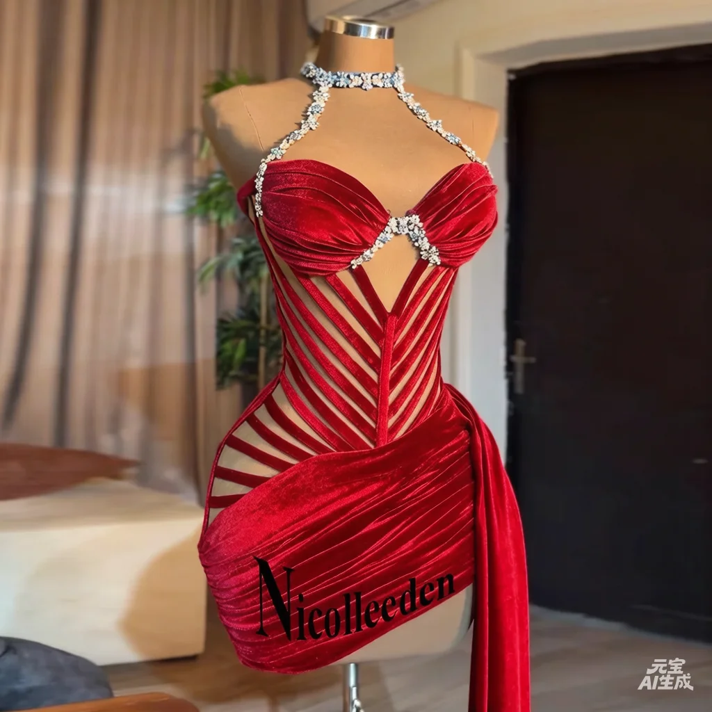 Nicolle élégant plis robes De Cocktail pour les femmes strass licou sans manches robes De soirée robes De Festa personnalisé