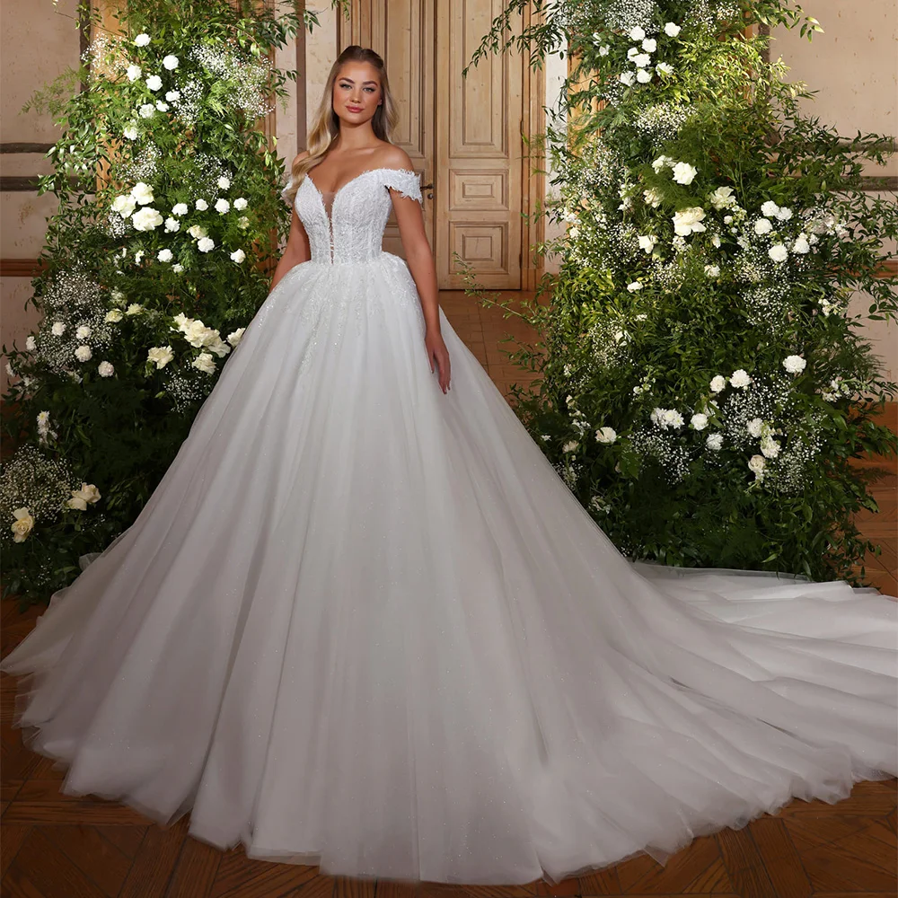 Robe de mariée personnalisée à col en V profond pour femmes, robes de mariée à paillettes, robes de patients de train de cour, hors de l'initiative