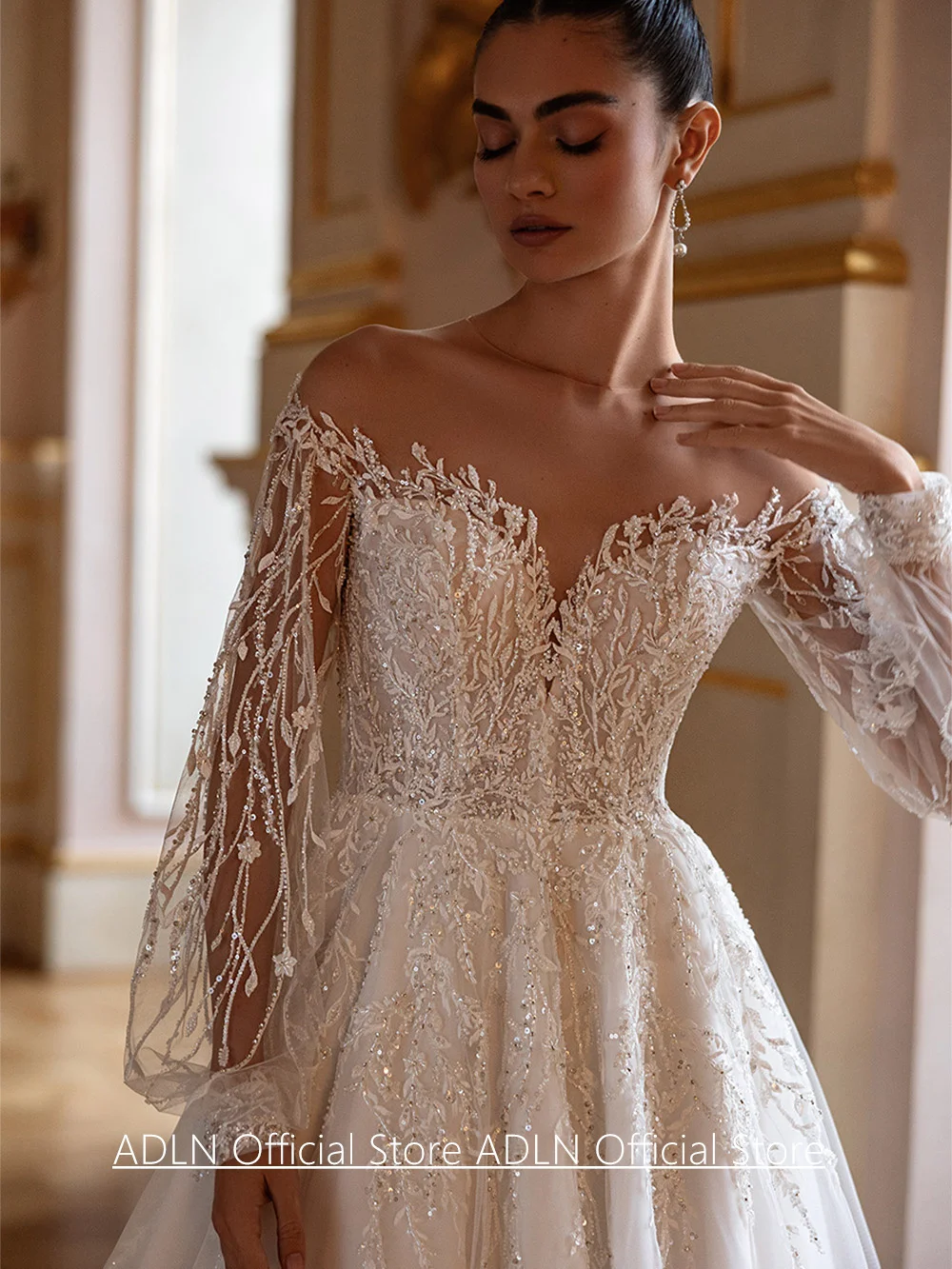 Robe De mariée robes De Novia personnalisé pure manches longues scintillant perles appliques balayage Train