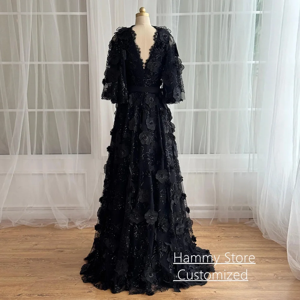 Robe de soirée noire personnalisée, manches chauve-souris, col en V, paillettes, dentelle florale, ligne A, robe de soirée de concours, robes de bal, traîne de balayage
