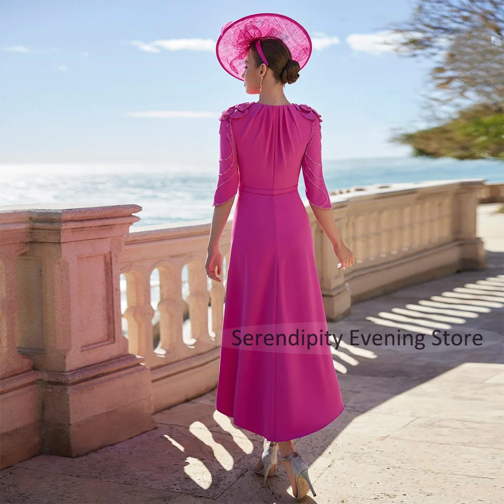 Robes d'invitées de mariage pour femmes élégantes col rond une ligne longueur de thé robe mère de la mariée mi-longue