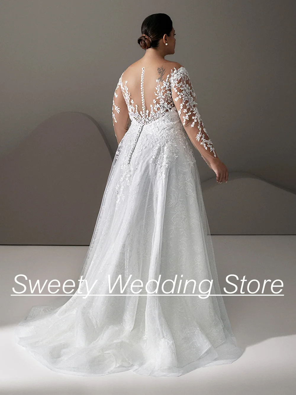 Robe de Mariée en Dentelle et Tulle à Manches sulfpour Femme