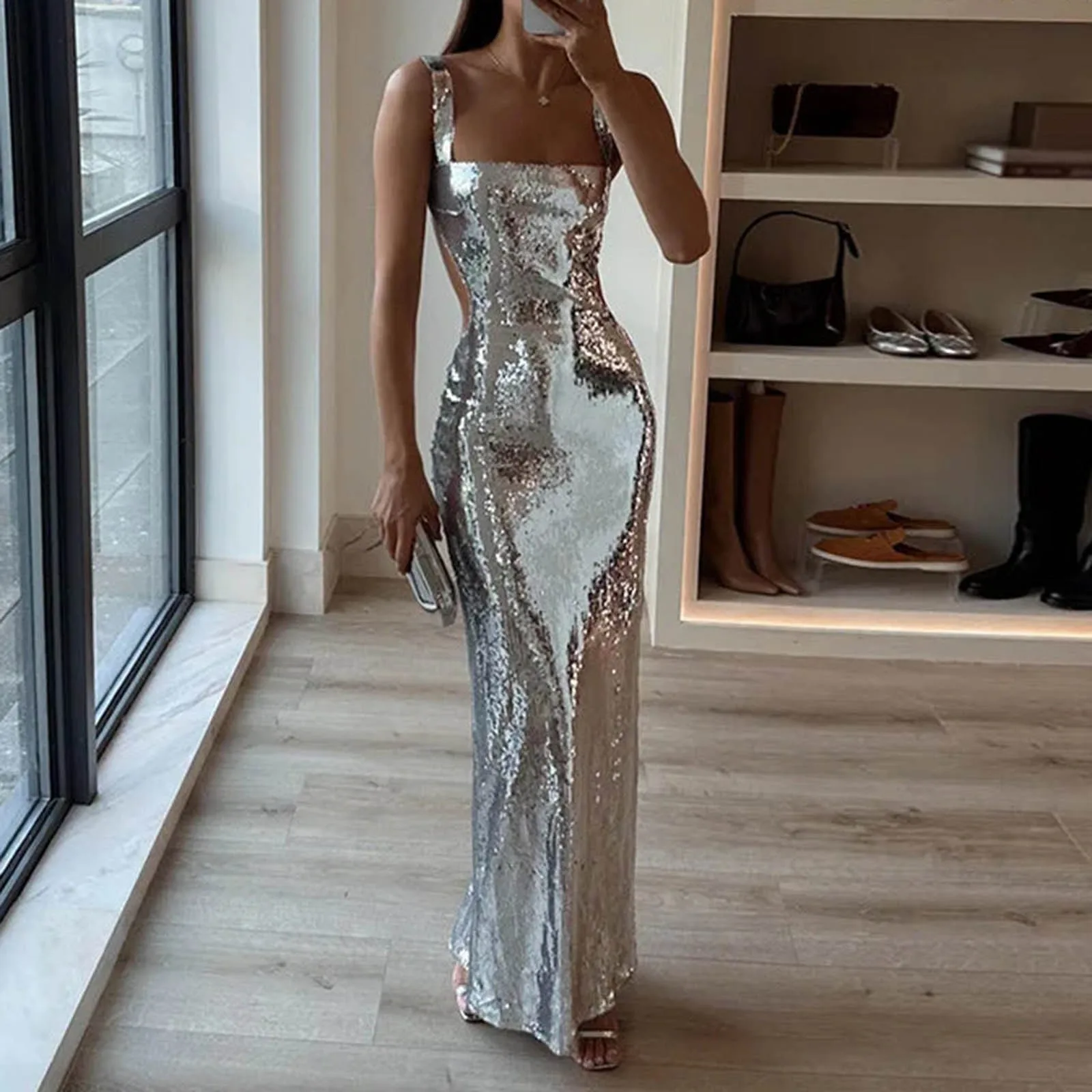 Robes de Cocktail pour femmes Sexy paillettes moulante robe Maxi dos nu sans manches robe à bretelles soirée élégante Robes de soirée Longue