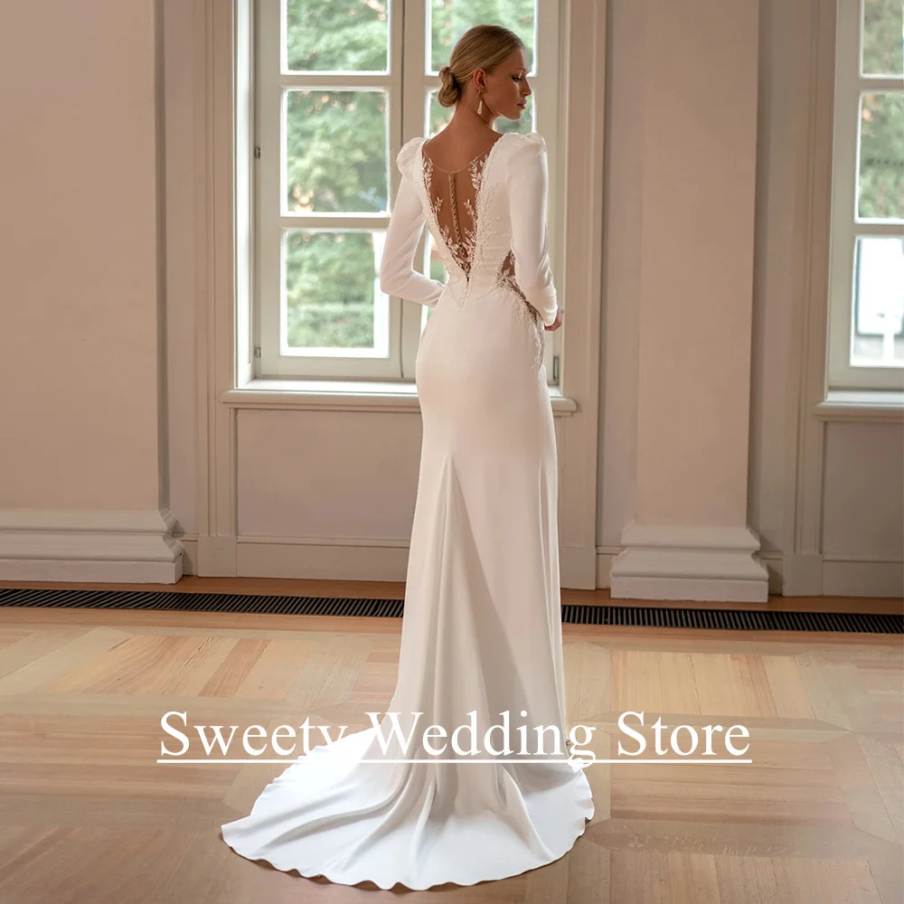Robe de mariée sirène sexy personnalisée avec col en V profond, manches longues, appliques de perles et train de balayage pour cérémonie de mariage et occasions spéciales