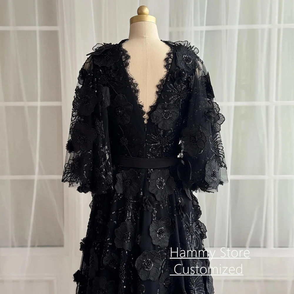 Robe de soirée noire personnalisée, manches chauve-souris, col en V, paillettes, dentelle florale, ligne A, robe de soirée de concours, robes de bal, traîne de balayage