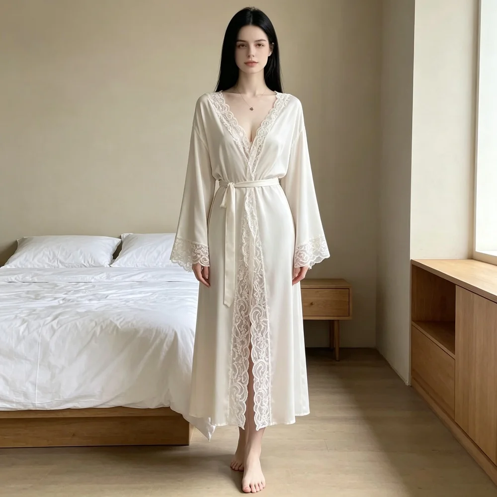Robe longue en satin pour femme, confortable, chaude, douillette, idéale pour se détendre, avec bordure en dentelle, encolure en V, manches évasées, ceinture, ourlet fendu, perles, Belle