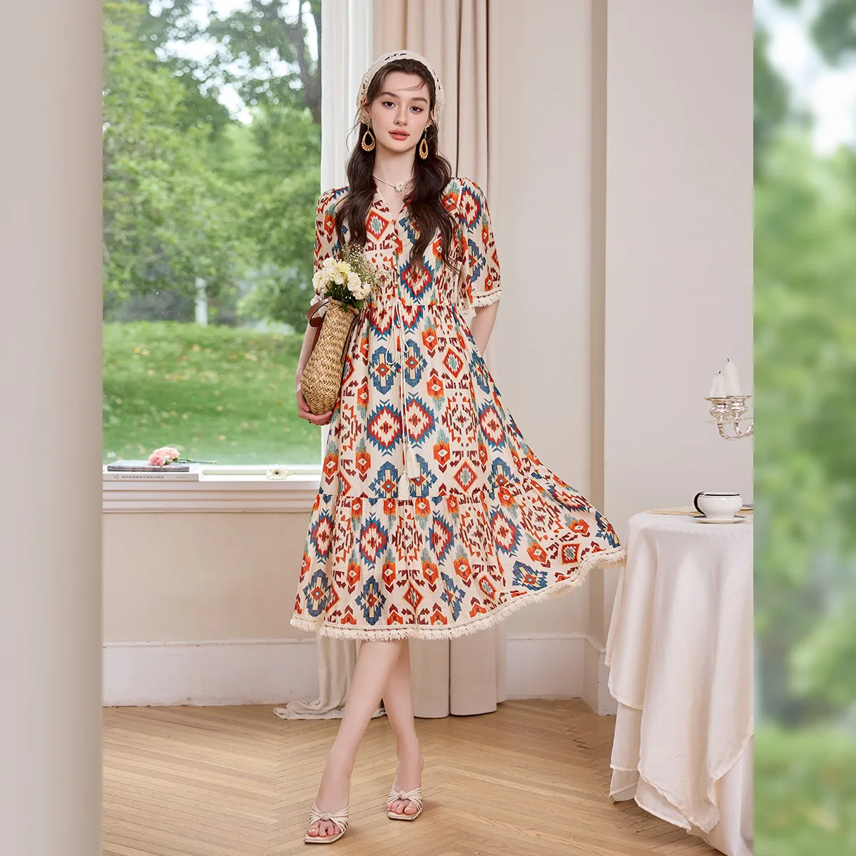 Robes pour femmes LOUIS YAO – Nouvelle collection été 2026 – Imprimé géométrique, franges, col en V – Robe décontractée de vacances, style bohème