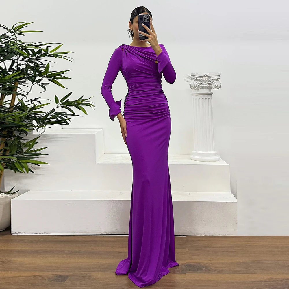 Robe de soirée sirène sur mesure, style saoudien, longue jusqu'au sol, à manches longues, col rond, plissée, pour mariage et fête
