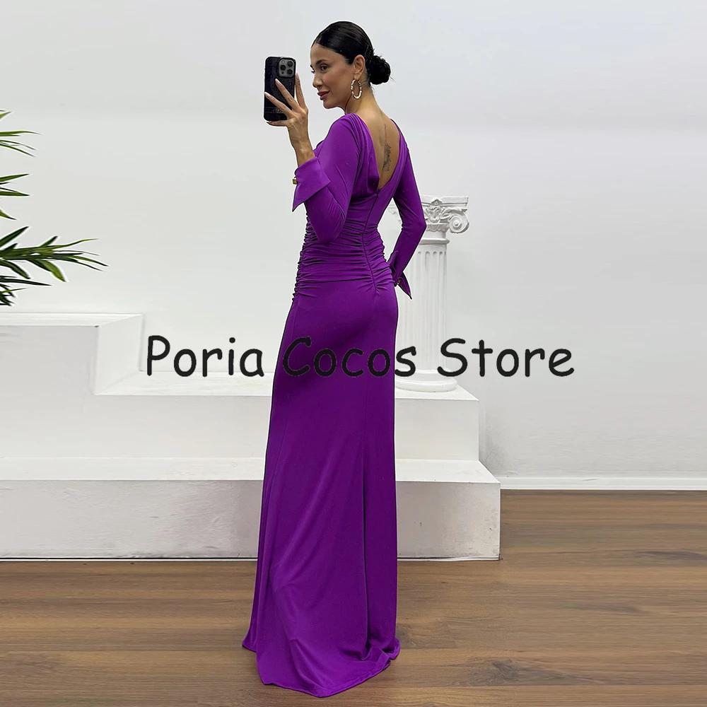 Robe de soirée sirène sur mesure, style saoudien, longue jusqu'au sol, à manches longues, col rond, plissée, pour mariage et fête