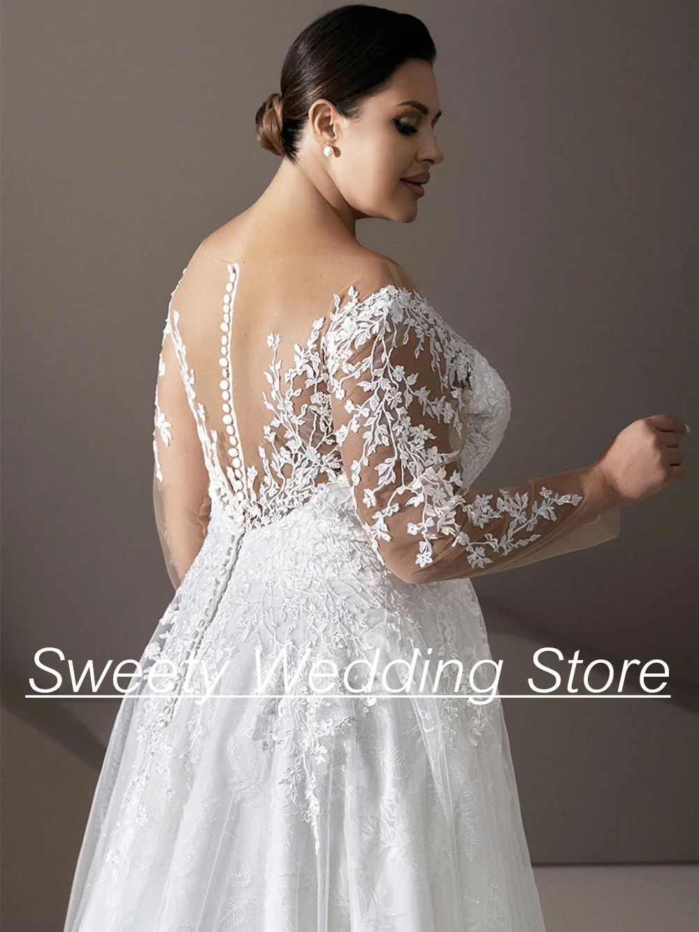 Robe de Mariée en Dentelle et Tulle à Manches sulfpour Femme