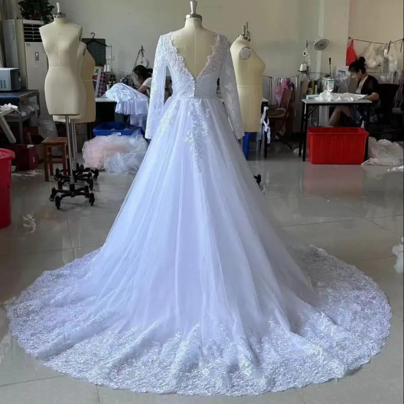 Sonhar Vestidos Robes de mariée 2 en 1 à manches longues, robe de soirée de mariage avec traîne brosse, robes de mariée classiques personnalisées
