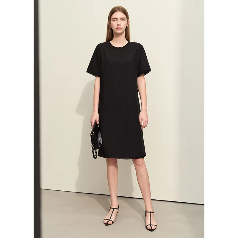 Robes minimalistes Amii pour femmes, nouvelle collection automne 2024, style luxe léger, à franges, manches courtes, coupe droite, longueur midi, 12441197