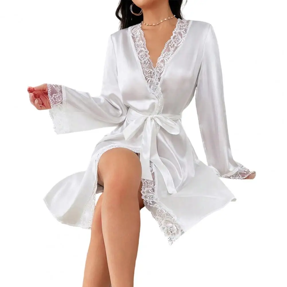 Robe en satin pour femme, robe en dentelle soyeuse et lisse, ceinture à nouer, manches longues, kimono, peignoir pour mariée, demoiselle d'honneur, nouveauté