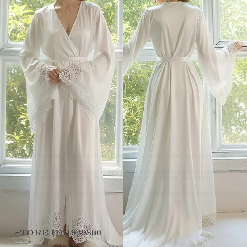 Robe de mariée, robe de mariée élégante et raffinée, longue robe de chambre, kimono, robe ample et décontractée, chemise de nuit en satin soyeux, vêtements de détente, vêtements d'intérieur pour femme