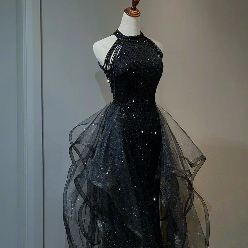 Robe de soirée noire à paillettes, robe de luxe légère à col suspendu haut de gamme, sensation haut de gamme, examen d'art de réunion annuelle pour femmes
