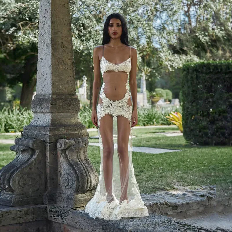 Robe maje en dentelle et maille à fines bretelles pour femme, transparente, moulante, sexy, style nuisette, pour les vacances à la plage, robe longue d'été 2025
